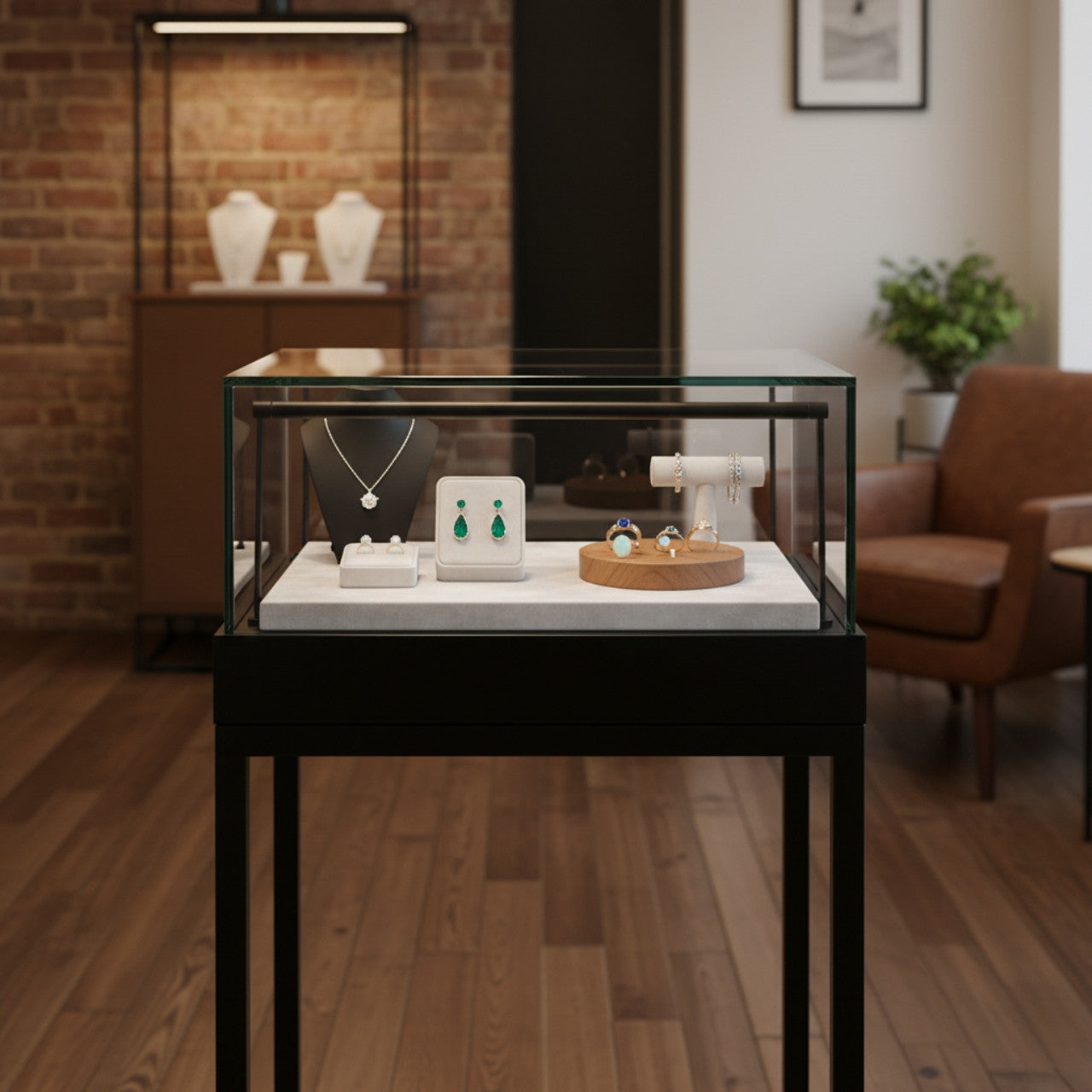 Halo Black Square Display Case Counter with Metal Base