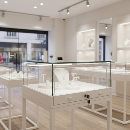 Halo White Square Display Case Counter with Metal Base