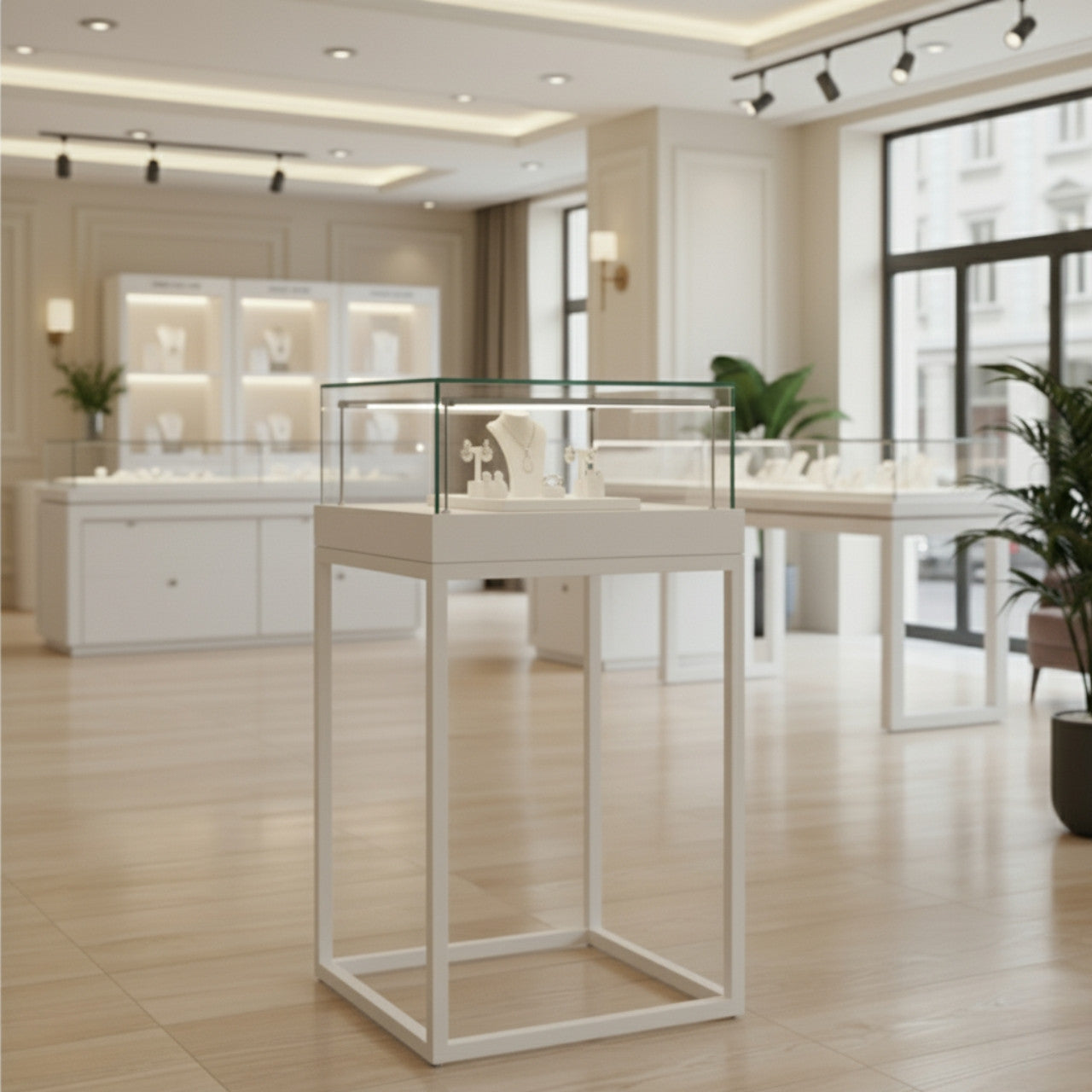 Halo White Square Display Case Counter with Metal Base
