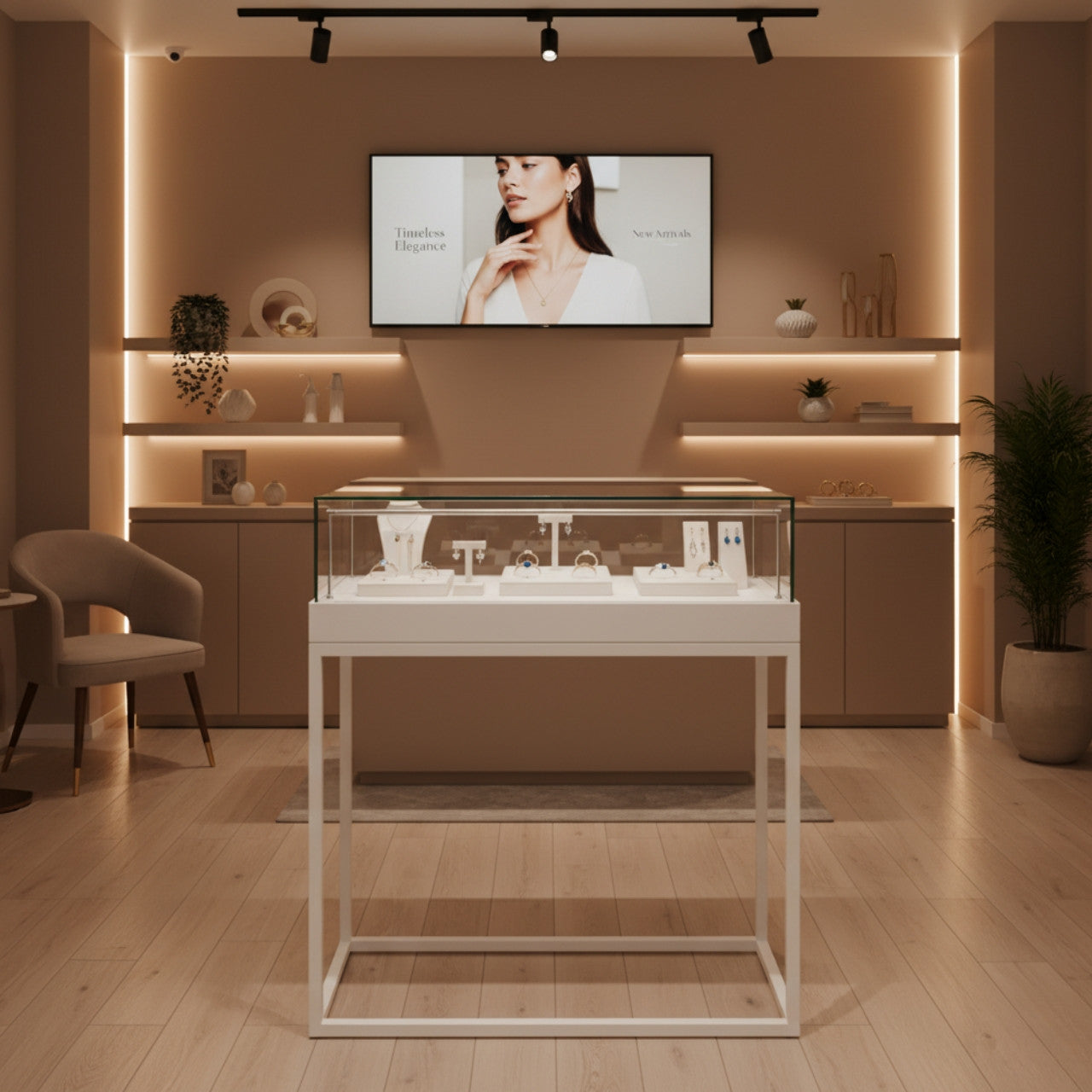 Halo White Display Case Counter with Metal Base