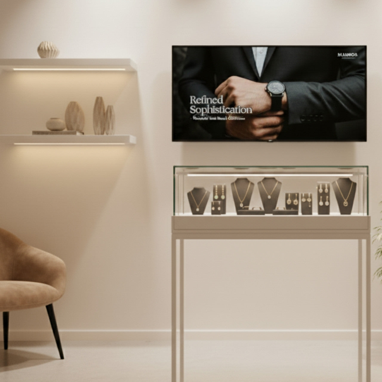 Halo White Display Case Counter with Metal Base