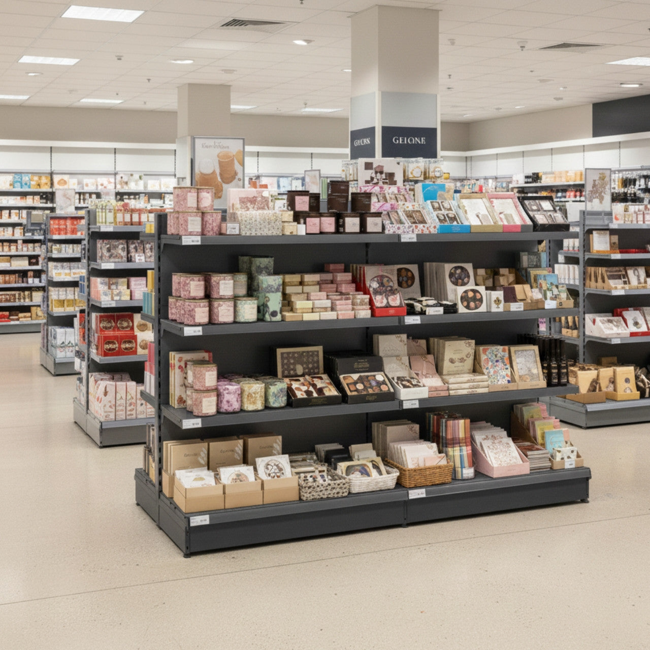 Dark Grey Retail Gondola Shelving - 2 Bays - 1400mm High With 470mm Base Shelf