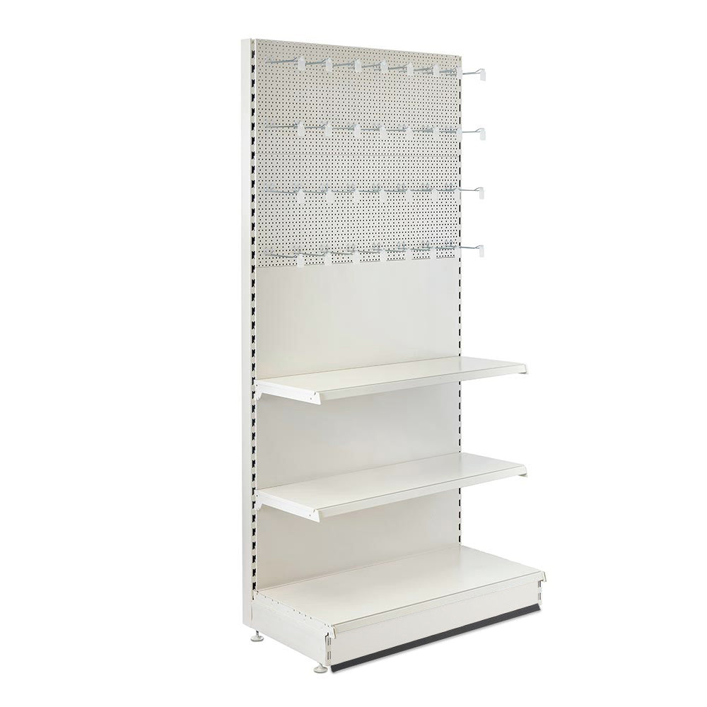 Trade & Exhibition Stand - Jura White Retail Shelving Wall Unit - Perforated Back Panels with 32 Hooks - H2100mm