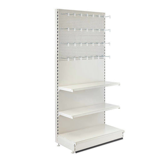 Trade & Exhibition Stand - Jura White Retail Shelving Wall Unit - Perforated Back Panels with 32 Hooks - H2100mm