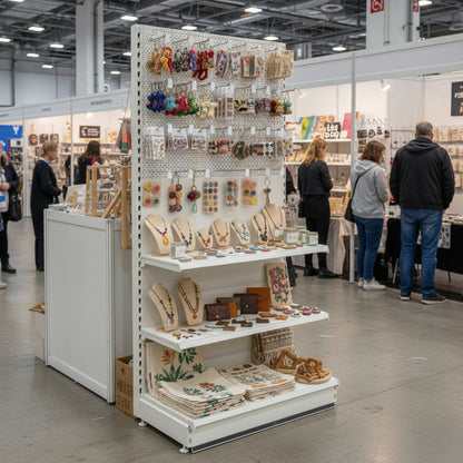 Trade & Exhibition Stand - Jura White Retail Shelving Wall Unit - Perforated Back Panels with 32 Hooks - H2100mm