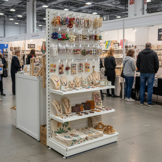 Trade & Exhibition Stand - Jura White Retail Shelving Wall Unit - Perforated Back Panels with 32 Hooks - H2100mm