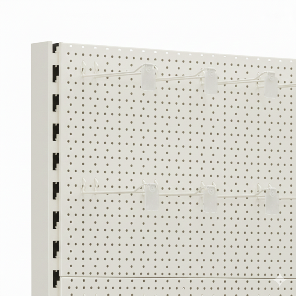 Trade & Exhibition Stand - Jura White Retail Shelving Wall Unit - Perforated Back Panels with 32 Hooks - H2100mm