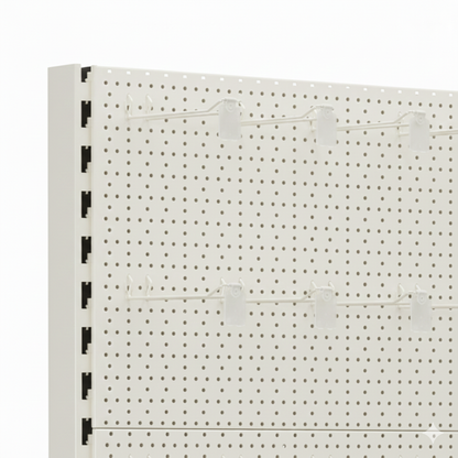 Trade & Exhibition Stand - Jura White Retail Shelving Wall Unit - Perforated Back Panels with 32 Hooks - H2100mm