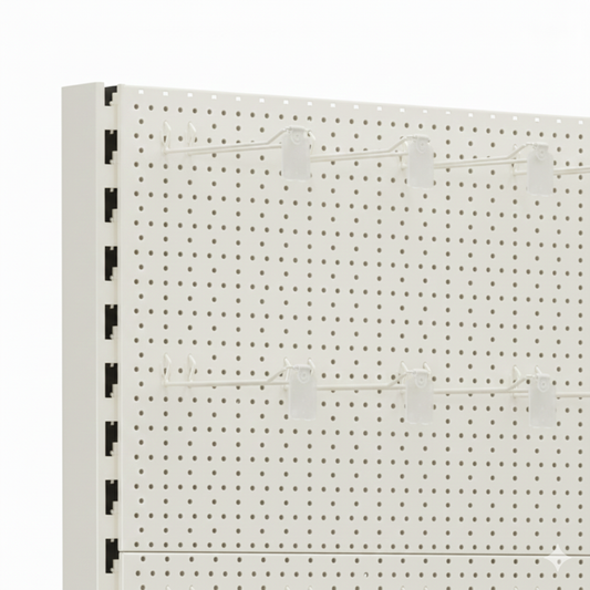 Trade & Exhibition Stand - Jura White Retail Shelving Wall Unit - Perforated Back Panels with 32 Hooks - H2100mm