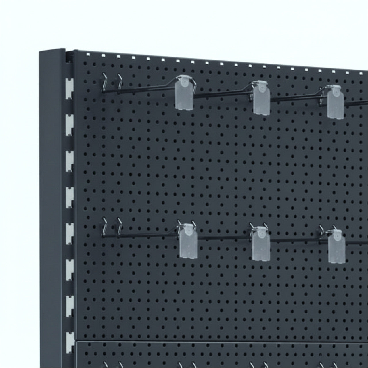 Trade & Exhibition Stand - Dark Grey Retail Shelving Wall Unit - Perforated Back Panels with 32 Hooks - H2100mm