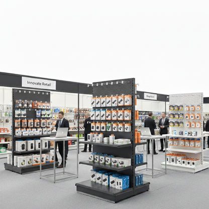 Trade & Exhibition Stand - Dark Grey Retail Shelving Wall Unit - Perforated Back Panels with 32 Hooks - H2100mm