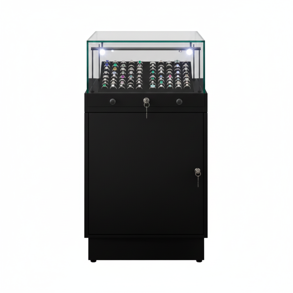 Halo Black Glass Display Showcase Counter with Lockable Cupboard