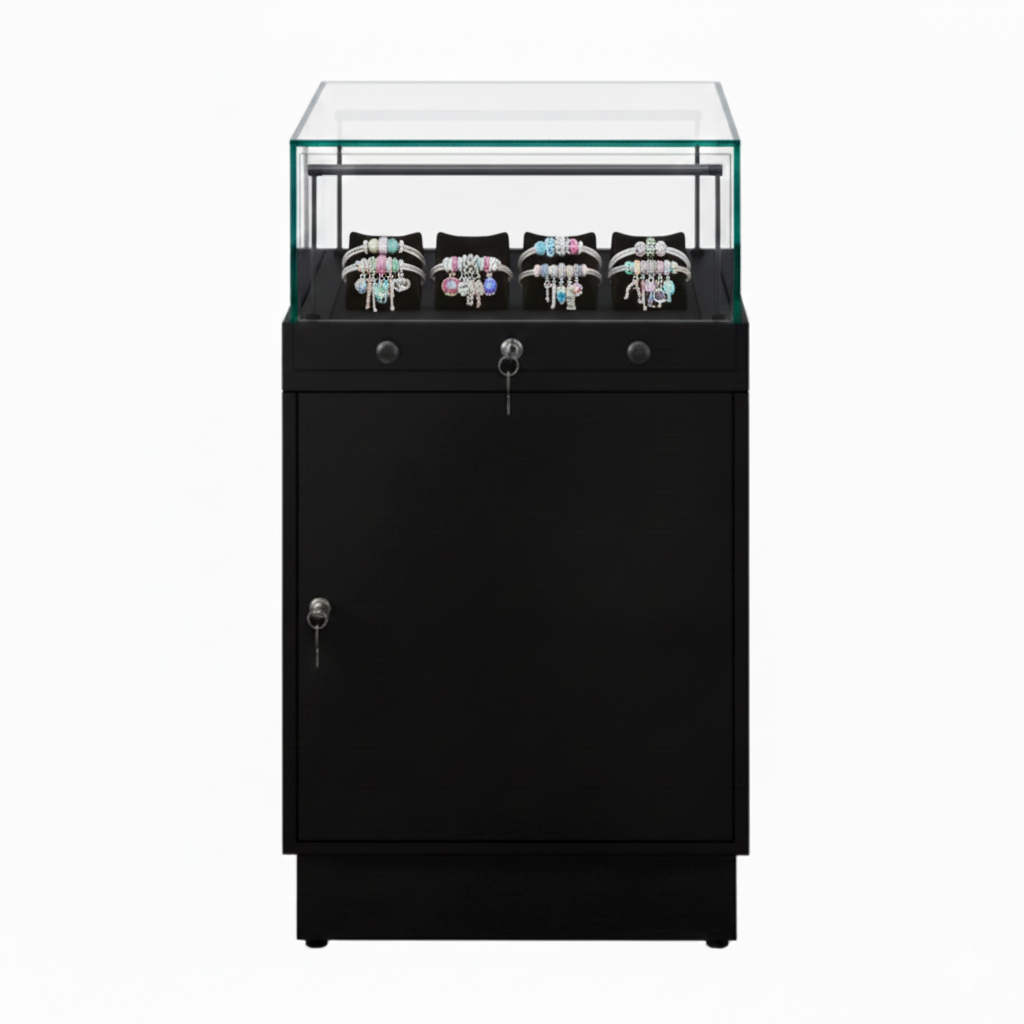 Halo Black Glass Display Showcase Counter with Lockable Cupboard