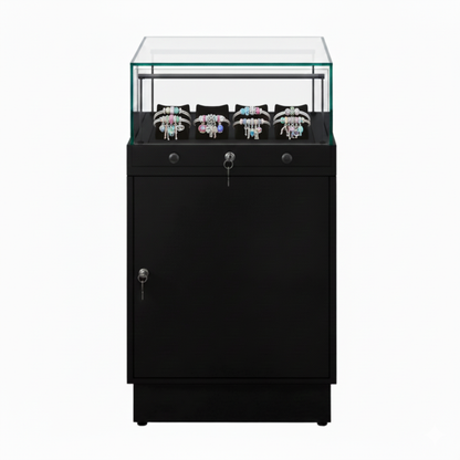 Halo Black Glass Display Showcase Counter with Lockable Cupboard