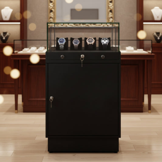 Halo Black Glass Display Showcase Counter with Lockable Cupboard