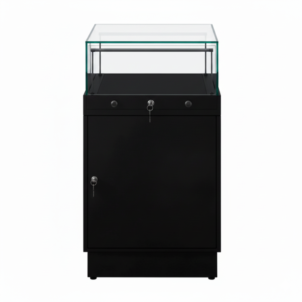 Halo Black Glass Display Showcase Counter with Lockable Cupboard