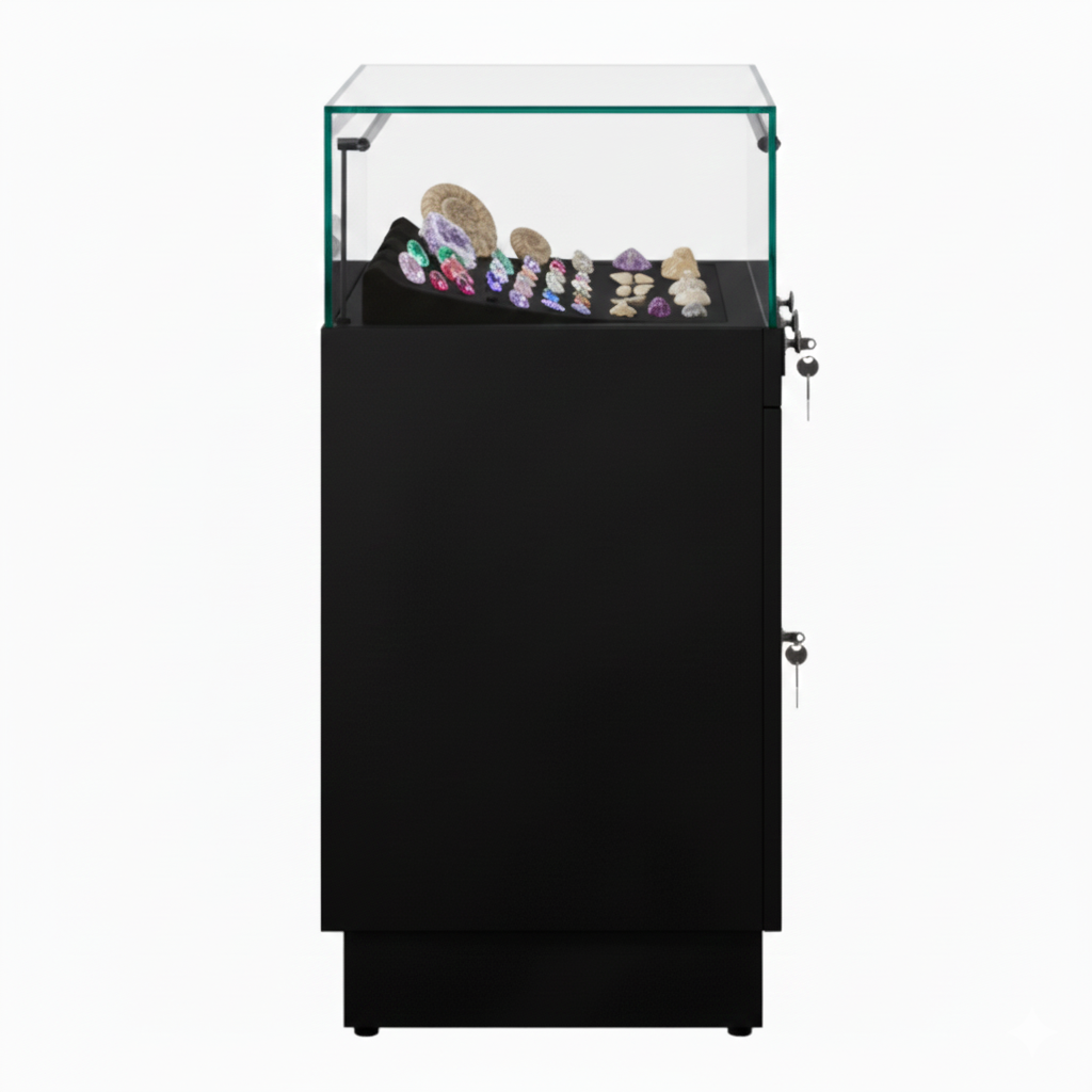 Halo Black Glass Display Showcase Counter with Lockable Cupboard
