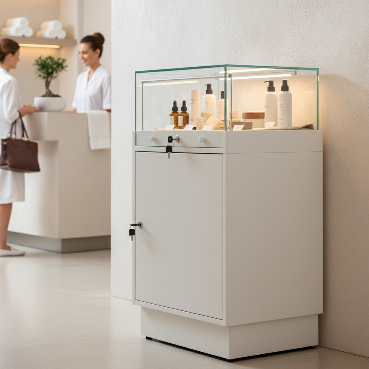 Halo White Glass Display Showcase Counter with Lockable Cupboard