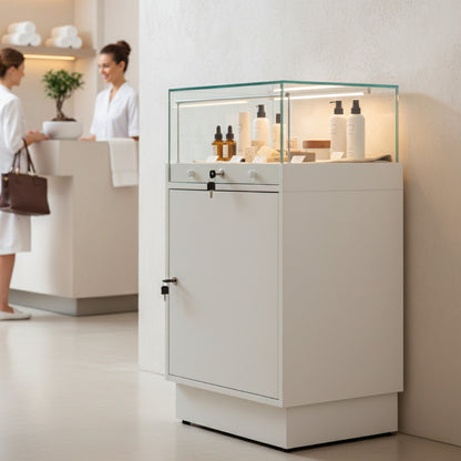 Halo White Glass Display Showcase Counter with Lockable Cupboard