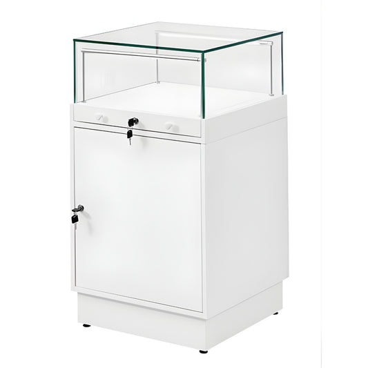 Halo White Glass Display Showcase Counter with Lockable Cupboard