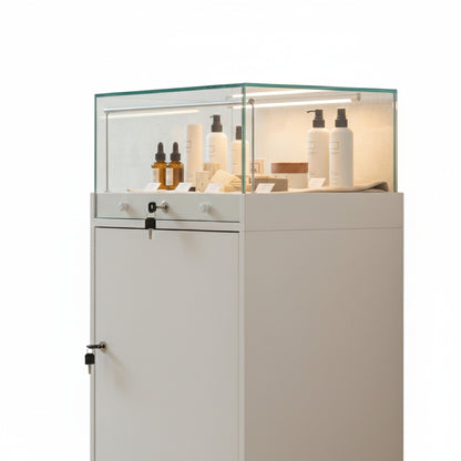 Halo White Glass Display Showcase Counter with Lockable Cupboard