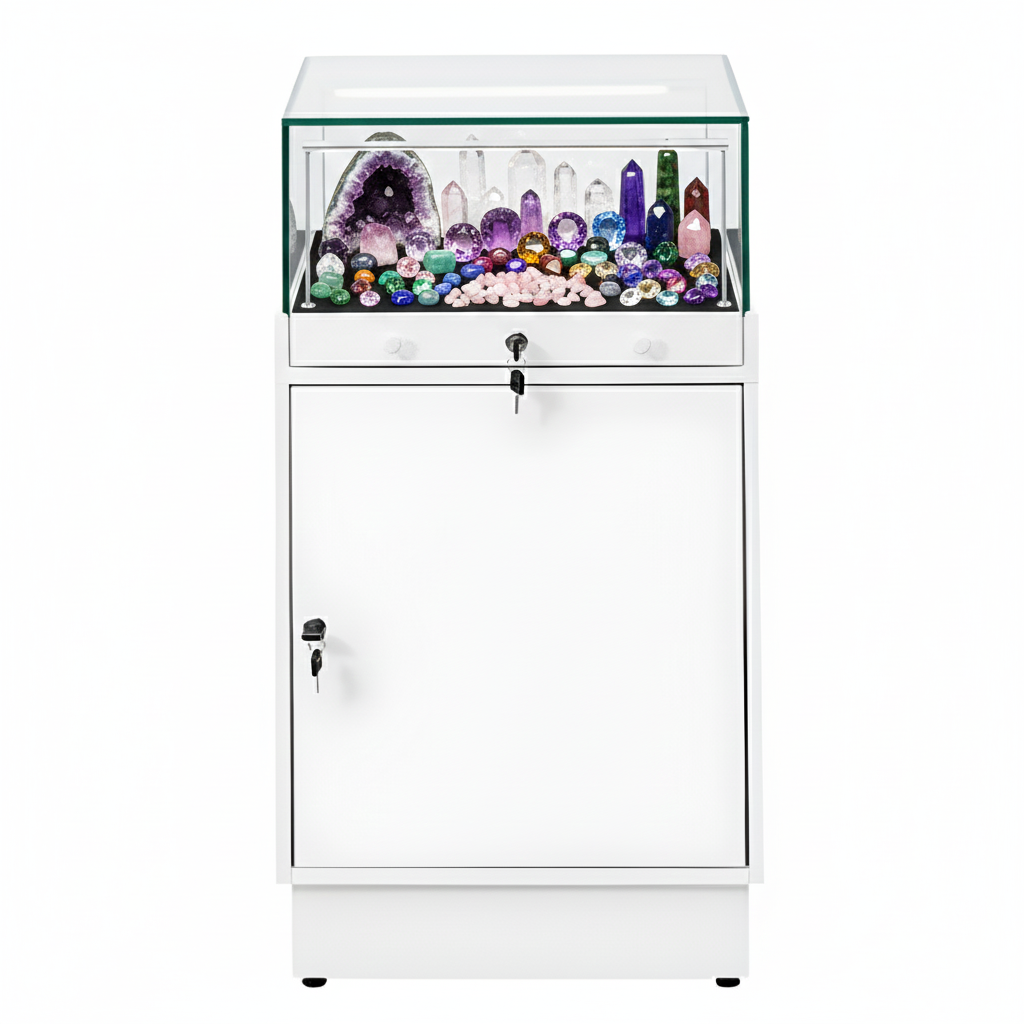 Halo White Glass Display Showcase Counter with Lockable Cupboard