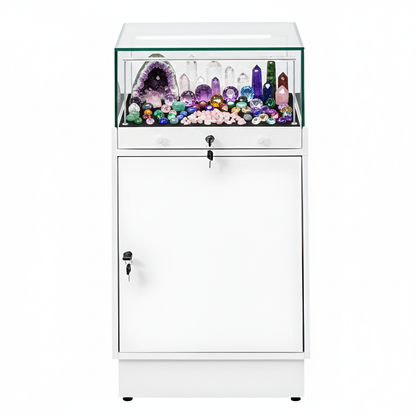 Halo White Glass Display Showcase Counter with Lockable Cupboard
