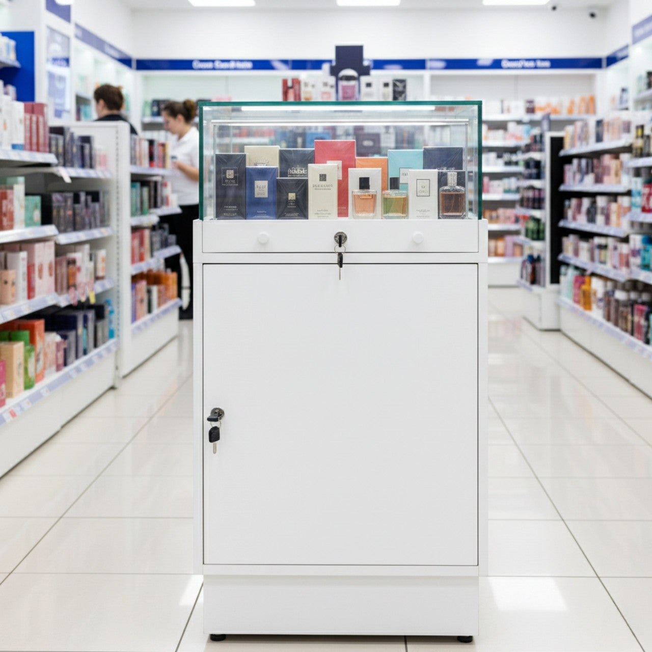 Halo White Glass Display Showcase Counter with Lockable Cupboard