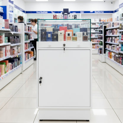Halo White Glass Display Showcase Counter with Lockable Cupboard