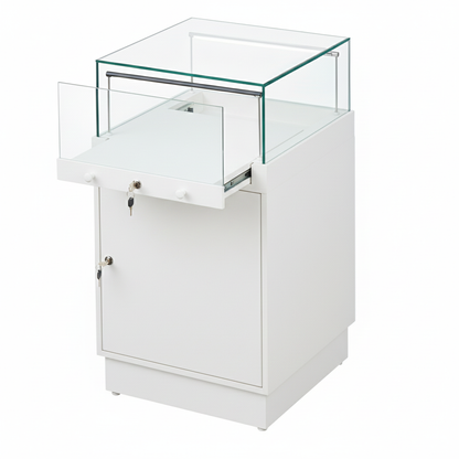Halo White Glass Display Showcase Counter with Lockable Cupboard