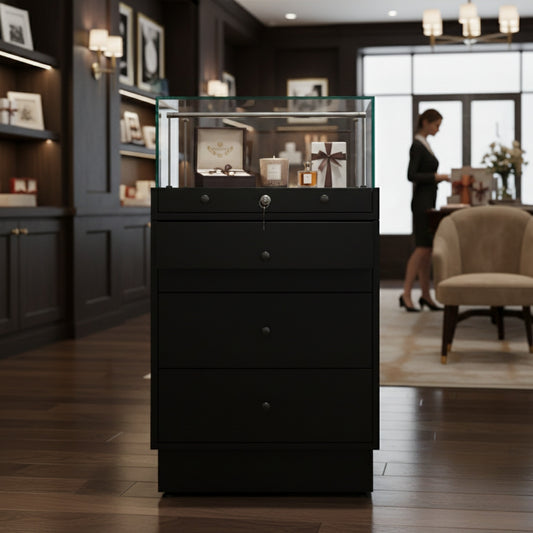 Halo Black Glass Display Showcase Counter with 3 Drawers