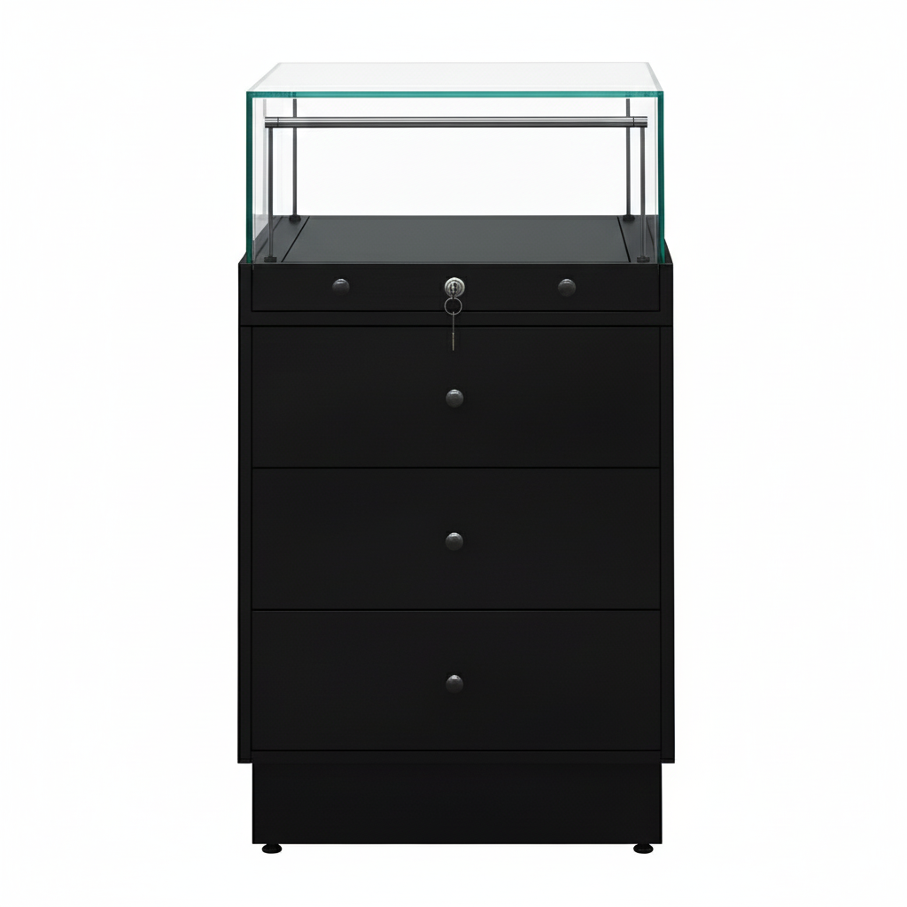Halo Black Glass Display Showcase Counter with 3 Drawers