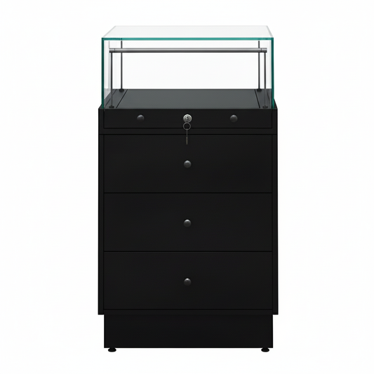 Halo Black Glass Display Showcase Counter with 3 Drawers
