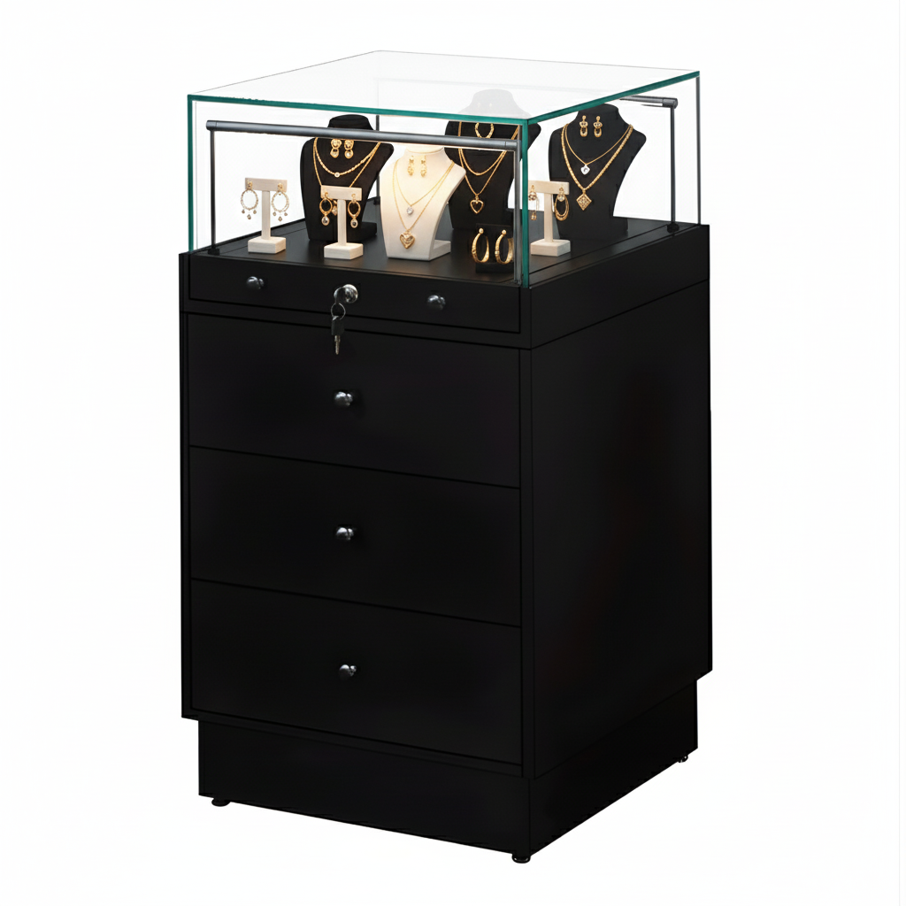 Halo Black Glass Display Showcase Counter with 3 Drawers