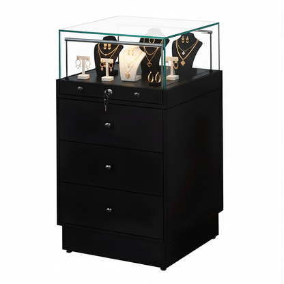 Halo Black Glass Display Showcase Counter with 3 Drawers
