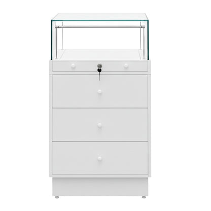 Halo White Glass Display Showcase Counter with 3 Drawers