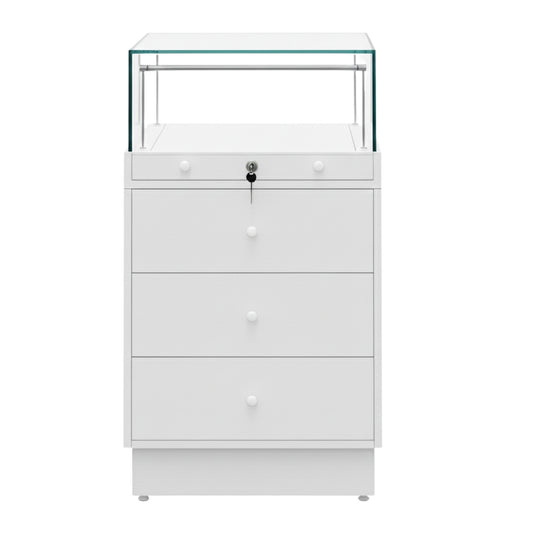 Halo White Glass Display Showcase Counter with 3 Drawers