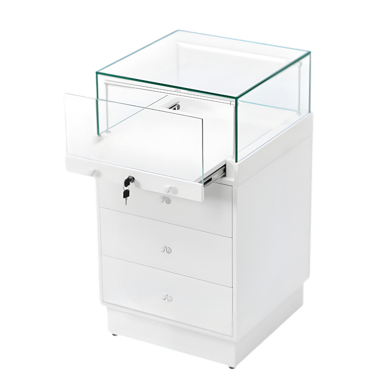 Halo White Glass Display Showcase Counter with 3 Drawers