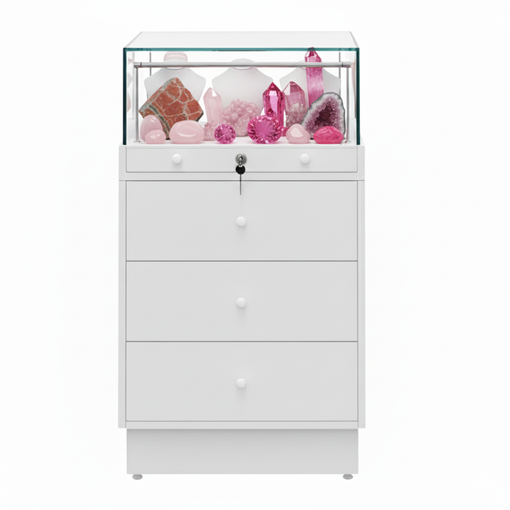 Halo White Glass Display Showcase Counter with 3 Drawers