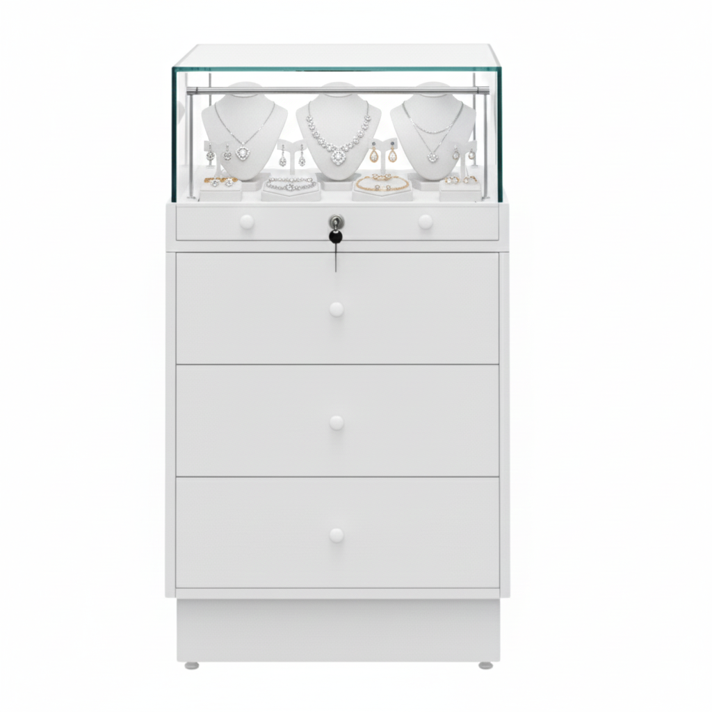 Halo White Glass Display Showcase Counter with 3 Drawers