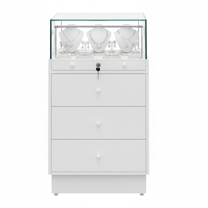 Halo White Glass Display Showcase Counter with 3 Drawers