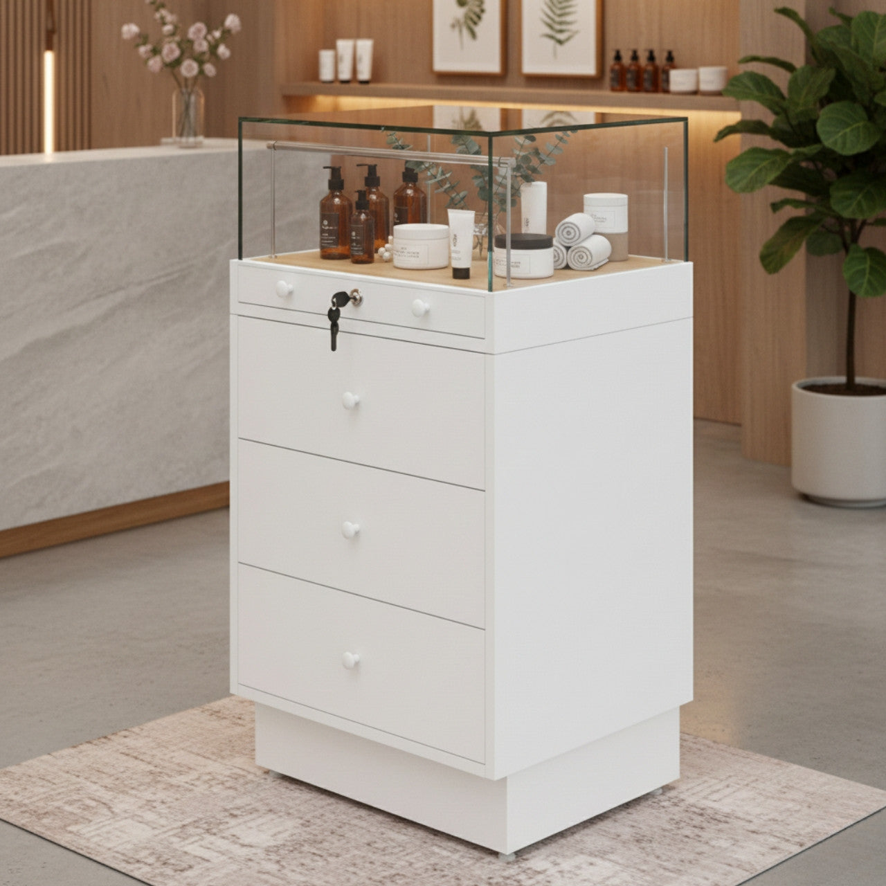 Halo White Glass Display Showcase Counter with 3 Drawers