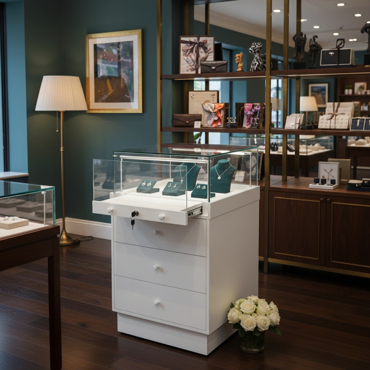 Halo White Glass Display Showcase Counter with 3 Drawers