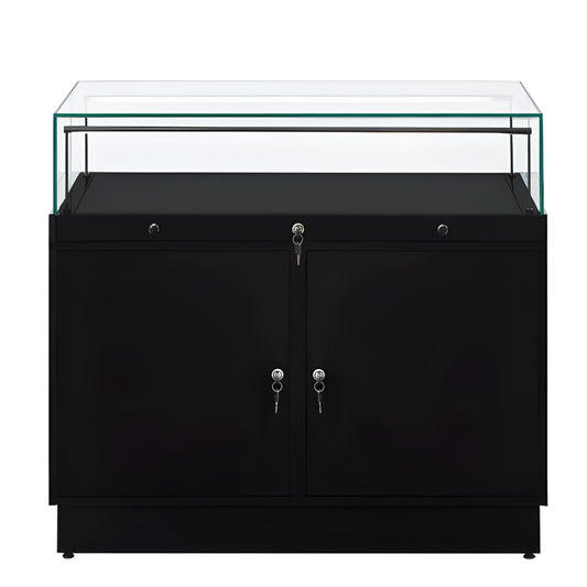 Halo Black Glass Display Showcase Counter with 2 Lockable Cupboards