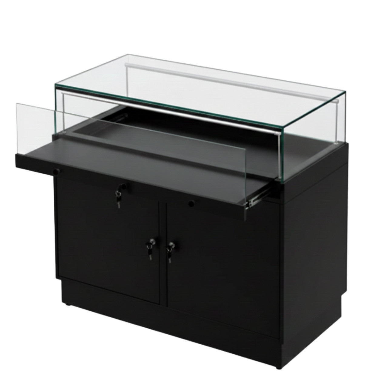 Halo Black Glass Display Showcase Counter with 2 Lockable Cupboards
