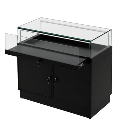 Halo Black Glass Display Showcase Counter with 2 Lockable Cupboards