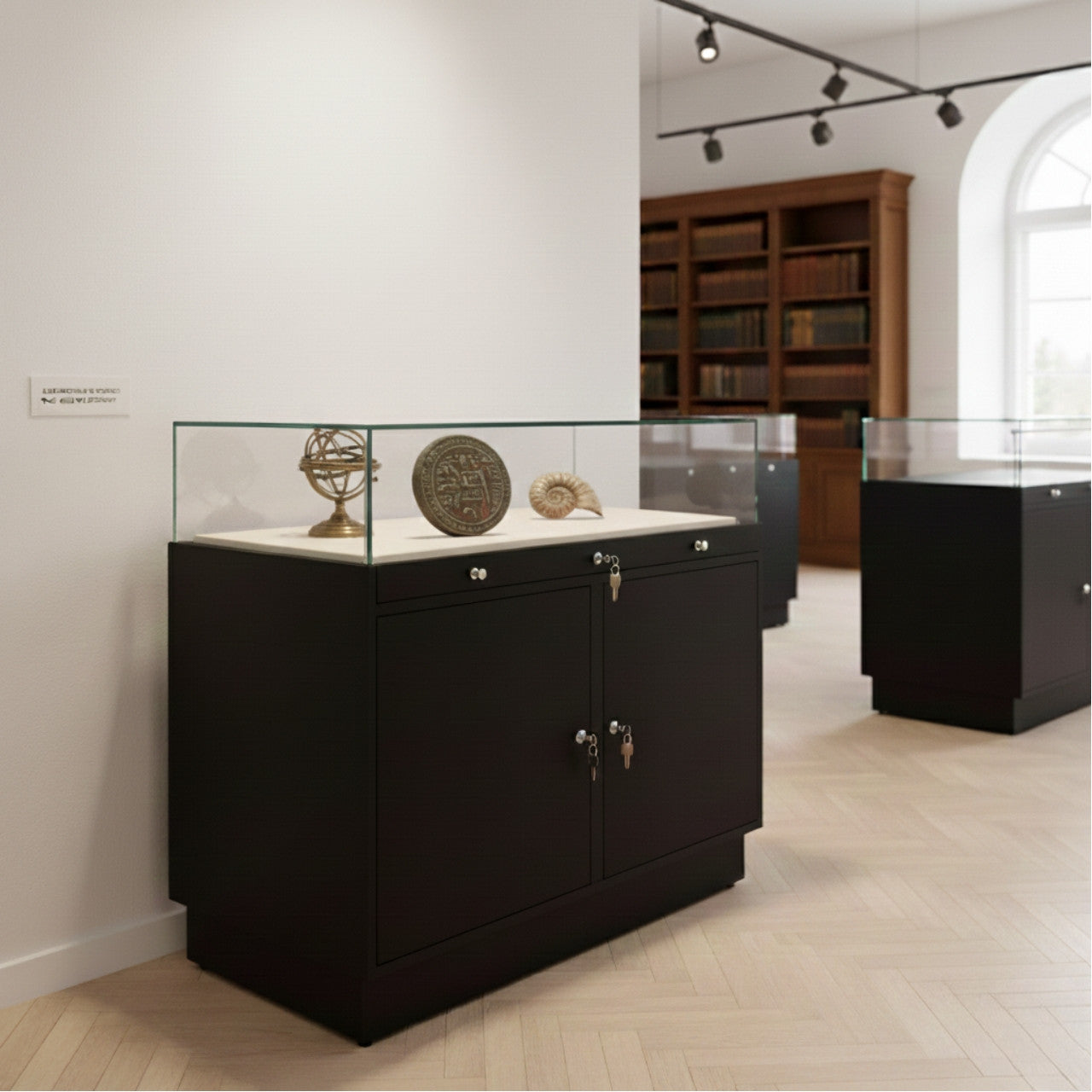 Halo Black Glass Display Showcase Counter with 2 Lockable Cupboards