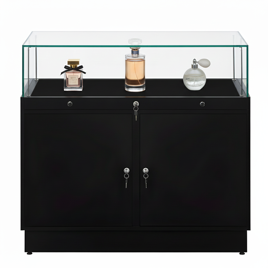 Halo Black Glass Display Showcase Counter with 2 Lockable Cupboards
