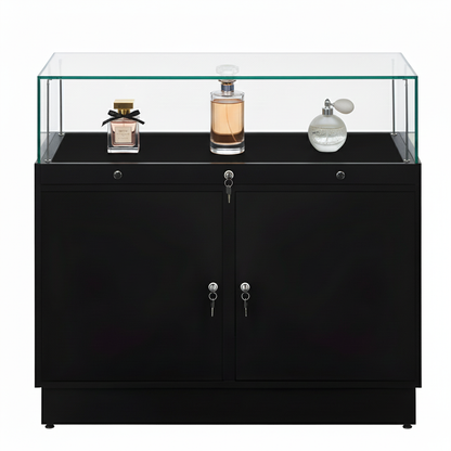 Halo Black Glass Display Showcase Counter with 2 Lockable Cupboards