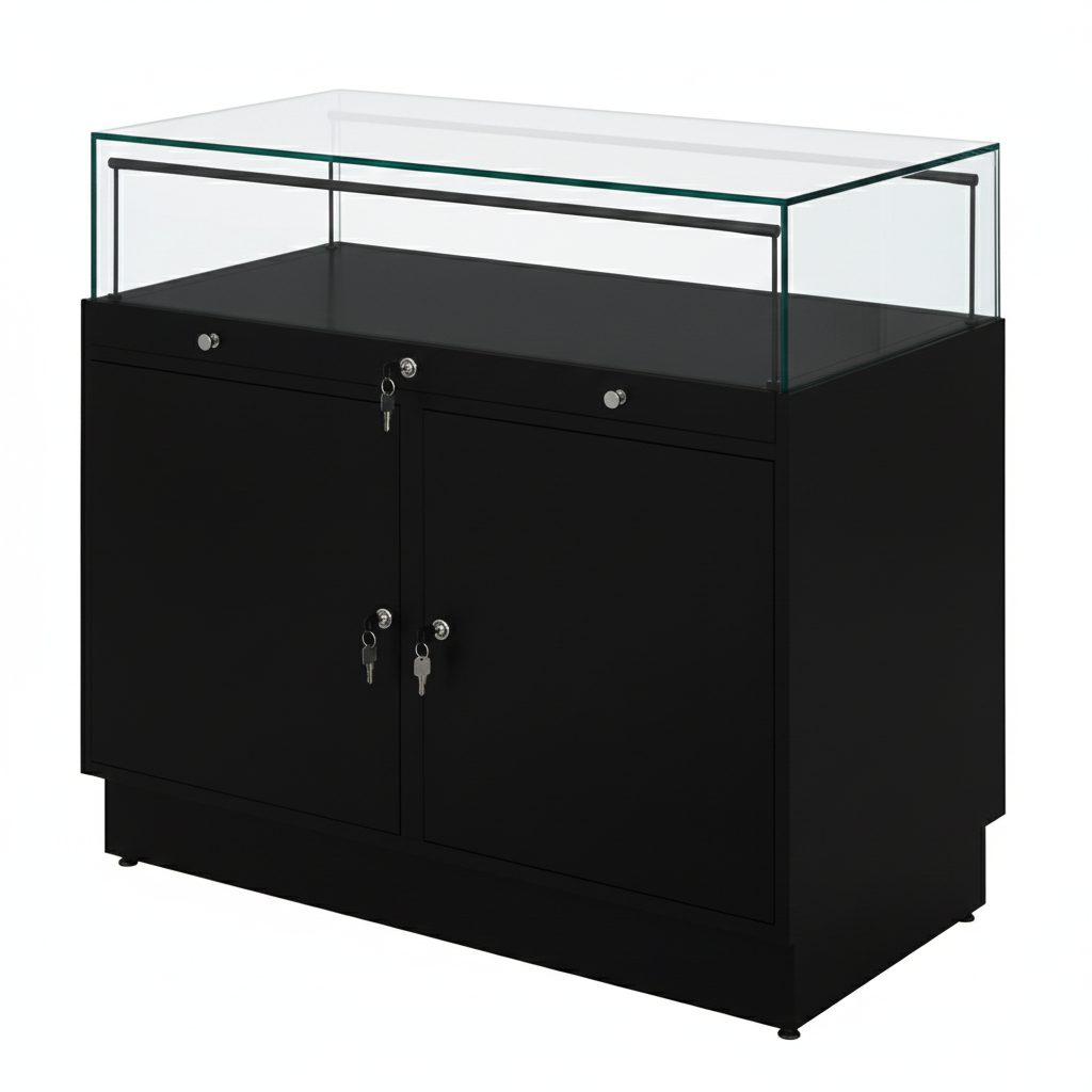 Halo Black Glass Display Showcase Counter with 2 Lockable Cupboards